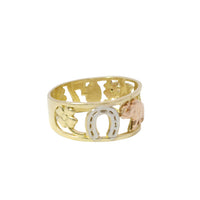 14KT Gold Ring Women's "Good Luck" Tri Tone Open Split Band with Plain Borders Flower, Seven, Horseshoe, Elephant, Owl, Man, Eye, Flower with Plain Border