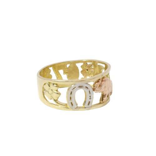 14KT Gold Ring Women's "Good Luck" Tri Tone Open Split Band with Plain Borders Flower, Seven, Horseshoe, Elephant, Owl, Man, Eye, Flower with Plain Border