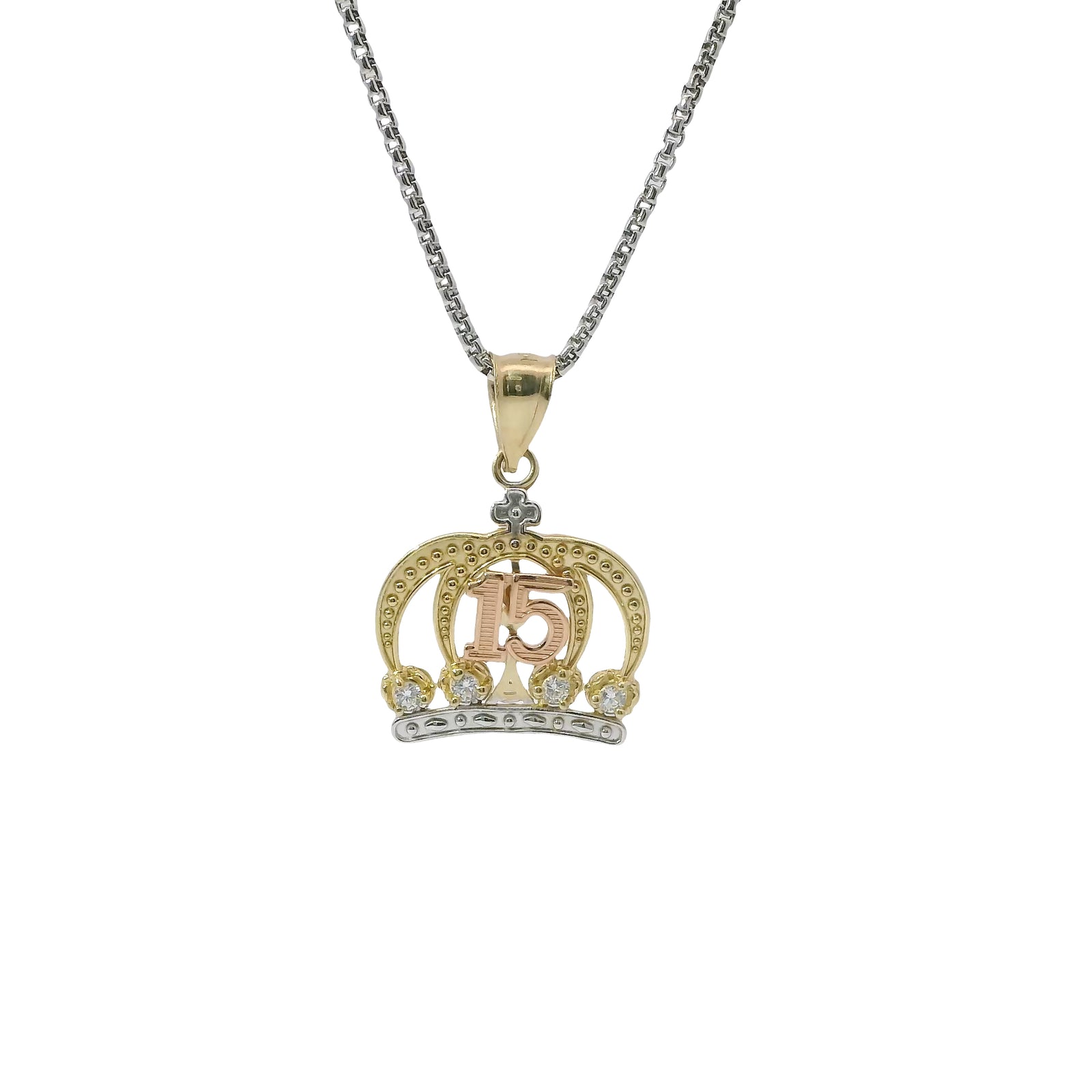 14KT Gold Charm Medium Tri Tone "15" Quinceanera Crown with Four White CZ Stones Base and Plain Bell