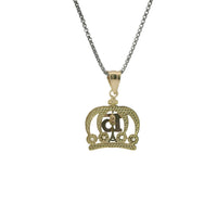 14KT Gold Charm Medium Tri Tone "15" Quinceanera Crown with Four White CZ Stones Base and Plain Bell