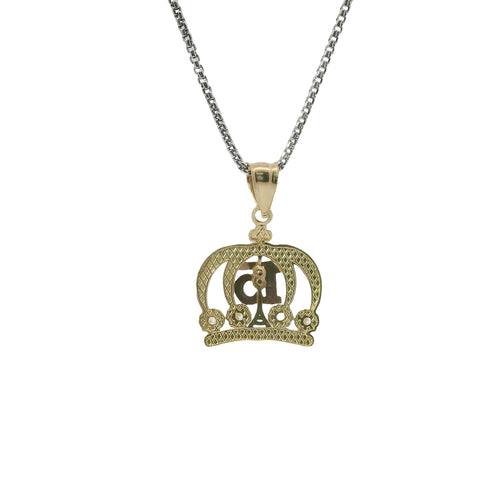14KT Gold Charm Medium Tri Tone "15" Quinceanera Crown with Four White CZ Stones Base and Plain Bell