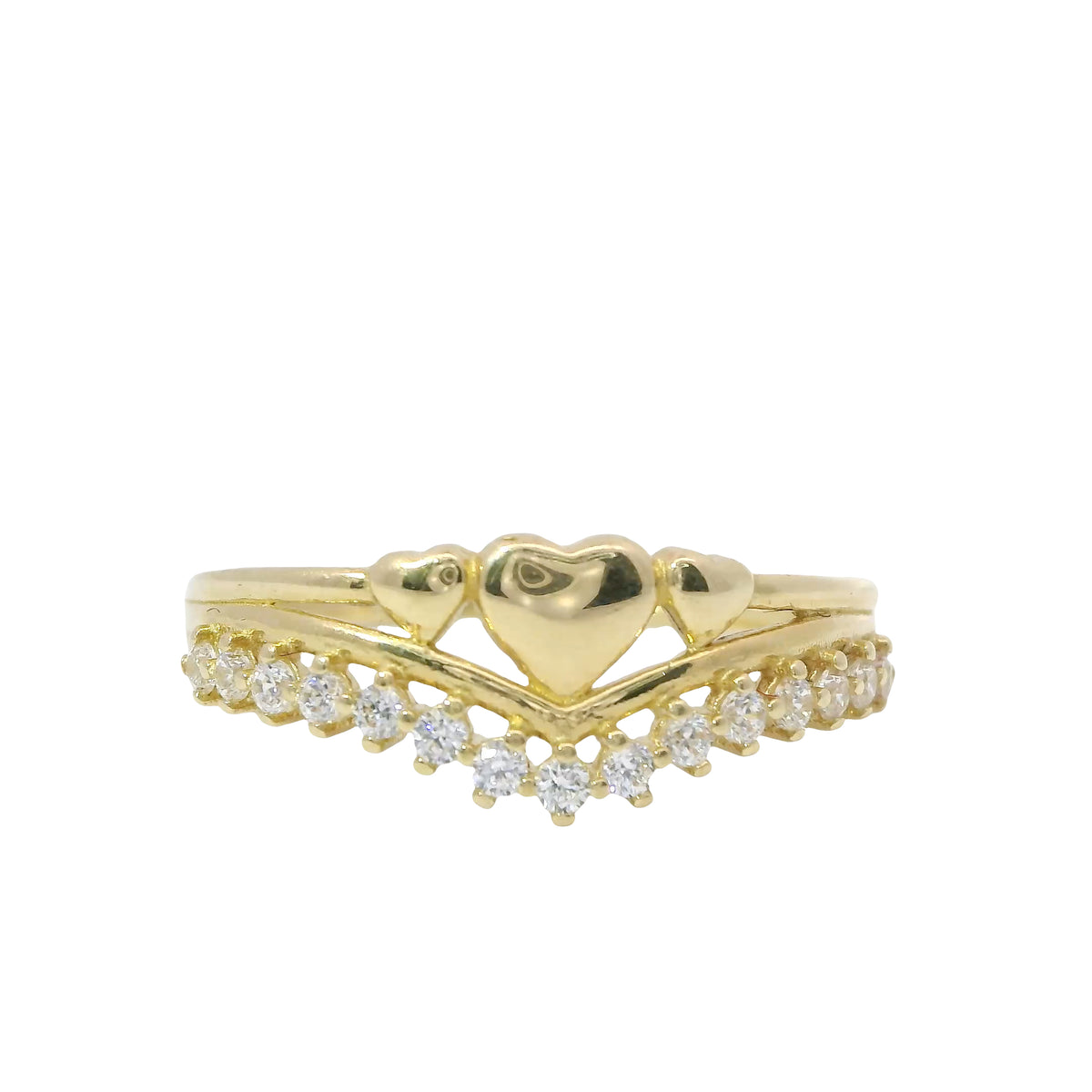14KT Gold Ring Women's Light Weight Triple Solid Heart Center with Lower White CZ Stone Chevron Band