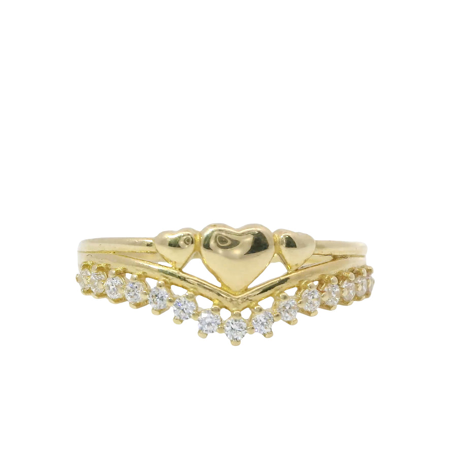 14KT Gold Ring Women's Light Weight Triple Solid Heart Center with Lower White CZ Stone Chevron Band