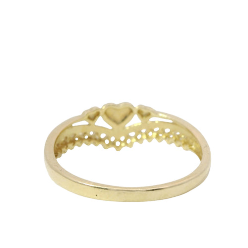 14KT Gold Ring Women's Light Weight Triple Solid Heart Center with Lower White CZ Stone Chevron Band
