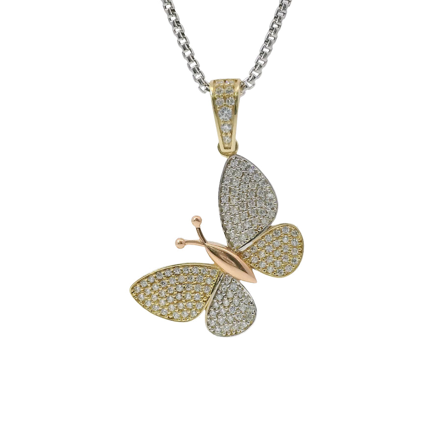 14KT Gold Charm Tri Tone White CZ Stones Butterfly with Rose Gold Body and White Gold White CZ Stones Wings and Bell