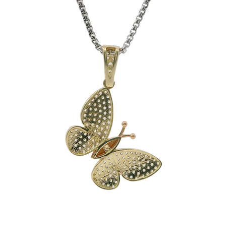 14KT Gold Charm Tri Tone White CZ Stones Butterfly with Rose Gold Body and White Gold White CZ Stones Wings and Bell