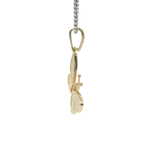 14KT Gold Charm Tri Tone White CZ Stones Butterfly with Rose Gold Body and White Gold White CZ Stones Wings and Bell