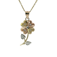 14KT Gold Charm Large Tri Tone Heart Petal Flower with White CZ Stones Petals and Plain Bell