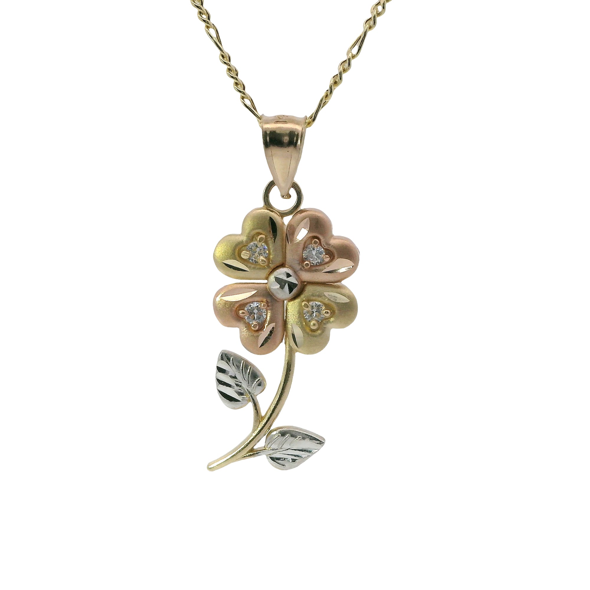 14KT Gold Charm Large Tri Tone Heart Petal Flower with White CZ Stones Petals and Plain Bell