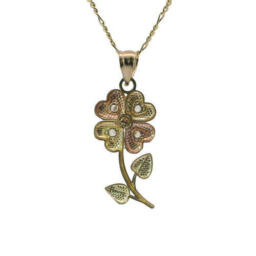 14KT Gold Charm Large Tri Tone Heart Petal Flower with White CZ Stones Petals and Plain Bell
