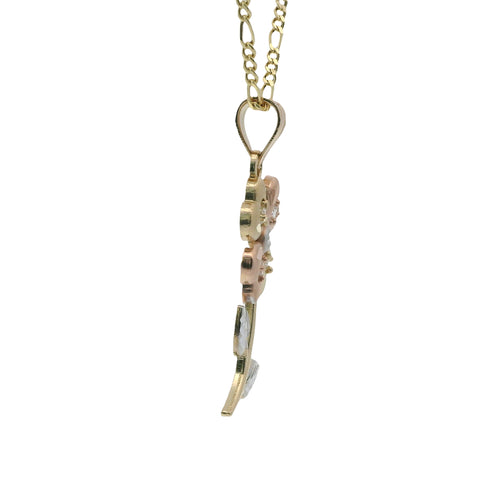 14KT Gold Charm Large Tri Tone Heart Petal Flower with White CZ Stones Petals and Plain Bell