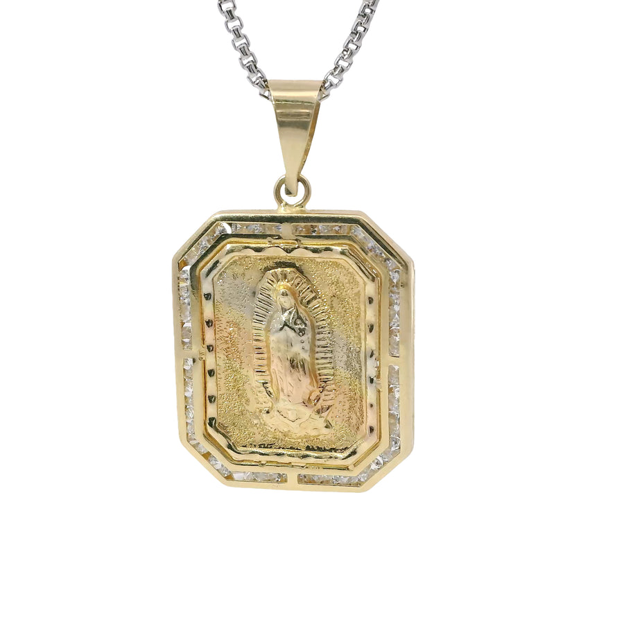 14KT Gold Charm Large Octagon Rectangle Tri Tone Virgin Mary Center with White CZ Stones Border and Plain Bell