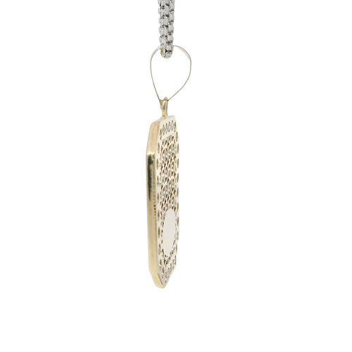 14KT Gold Charm Large Octagon Rectangle Tri Tone Virgin Mary Center with White CZ Stones Border and Plain Bell