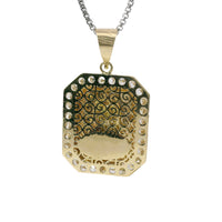 14KT Gold Charm Large Octagon Rectangle Tri Tone Virgin Mary Center with White CZ Stones Border and Plain Bell