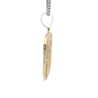 14KT Gold Charm Large Octagon Rectangle Tri Tone Virgin Mary Center with White CZ Stones Border and Plain Bell