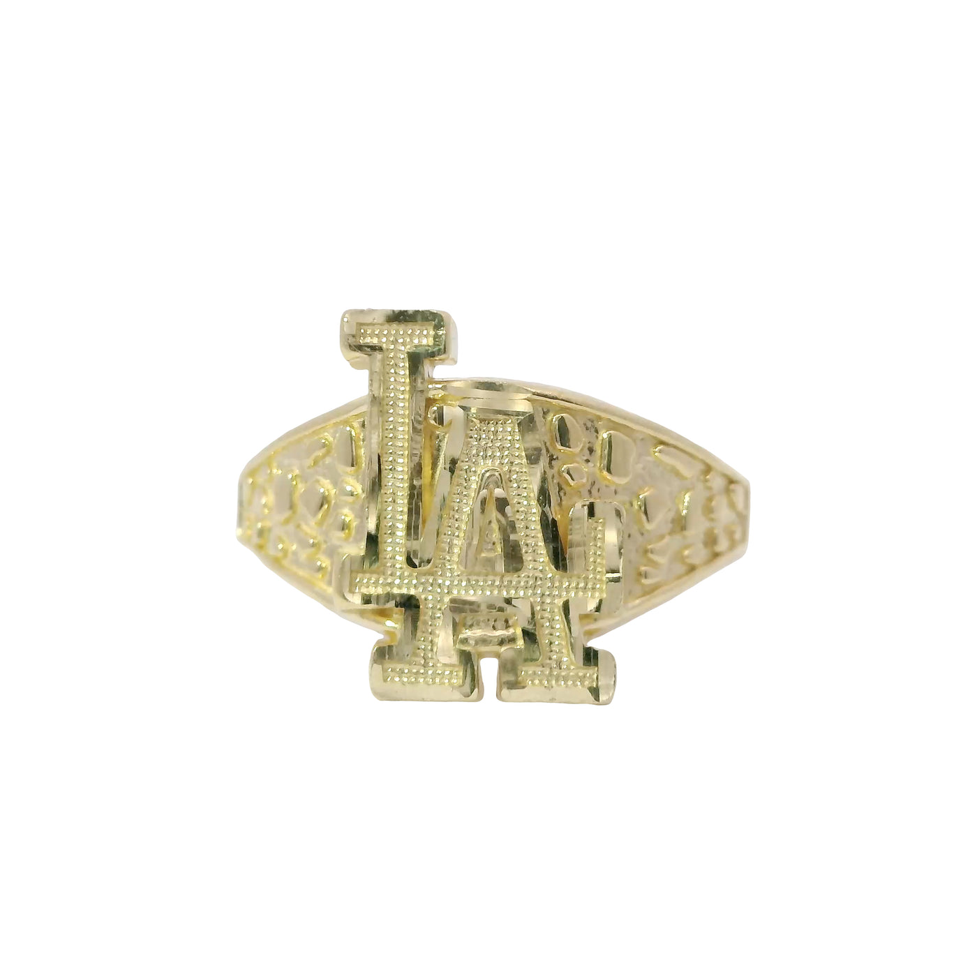 14KT Gold Ring Unisex Mini Nugget Raised "LA" (Los Angelos) and Plain Nugget Band