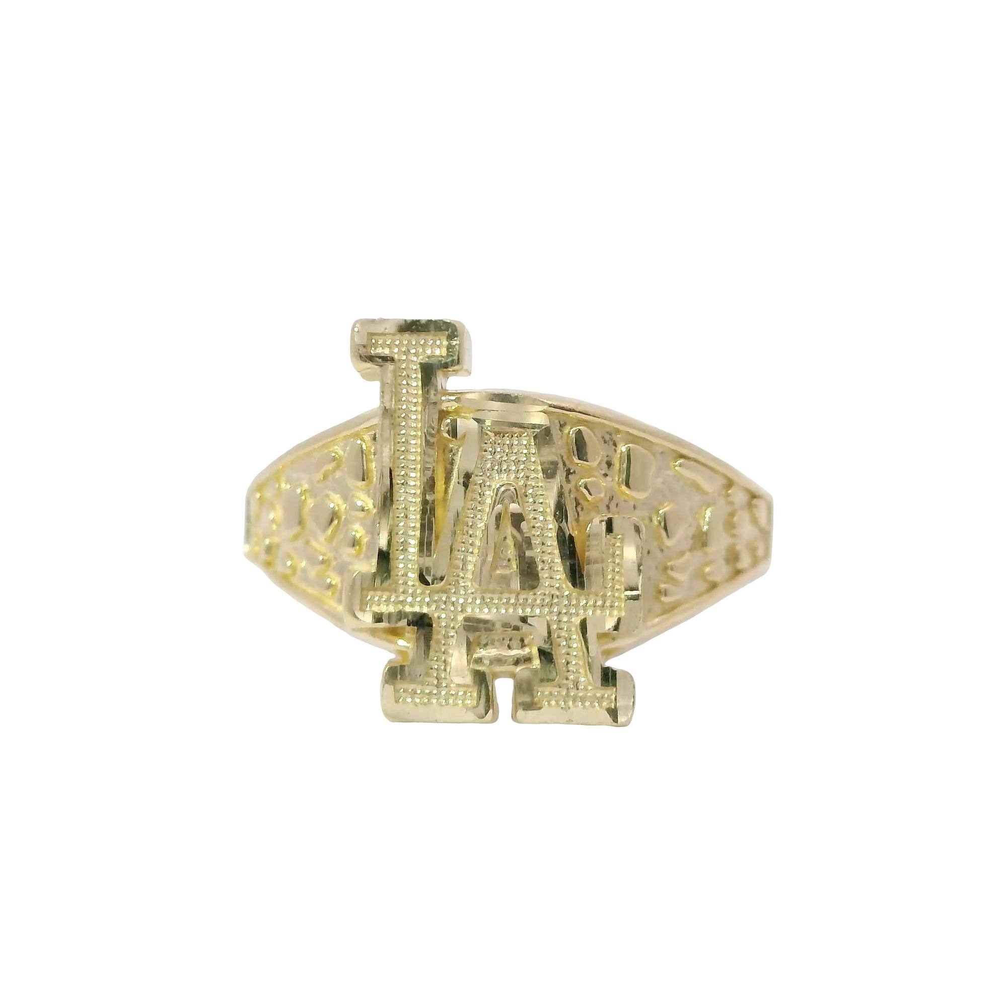14KT Gold Ring Unisex Mini Nugget Raised "LA" (Los Angelos) and Plain Nugget Band