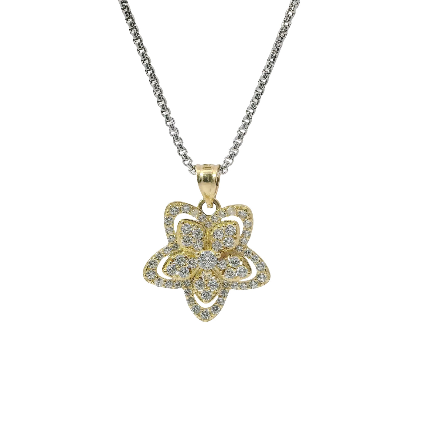 14KT Gold Charm Five Petal White Flower with White CZ Stones Border and Plain Bell