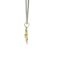 14KT Gold Charm Five Petal White Flower with White CZ Stones Border and Plain Bell