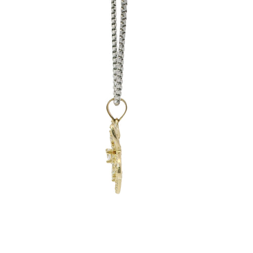 14KT Gold Charm Five Petal White Flower with White CZ Stones Border and Plain Bell