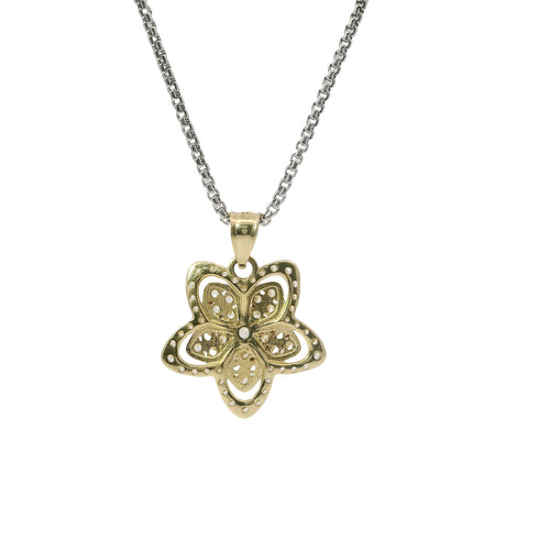 14KT Gold Charm Five Petal White Flower with White CZ Stones Border and Plain Bell