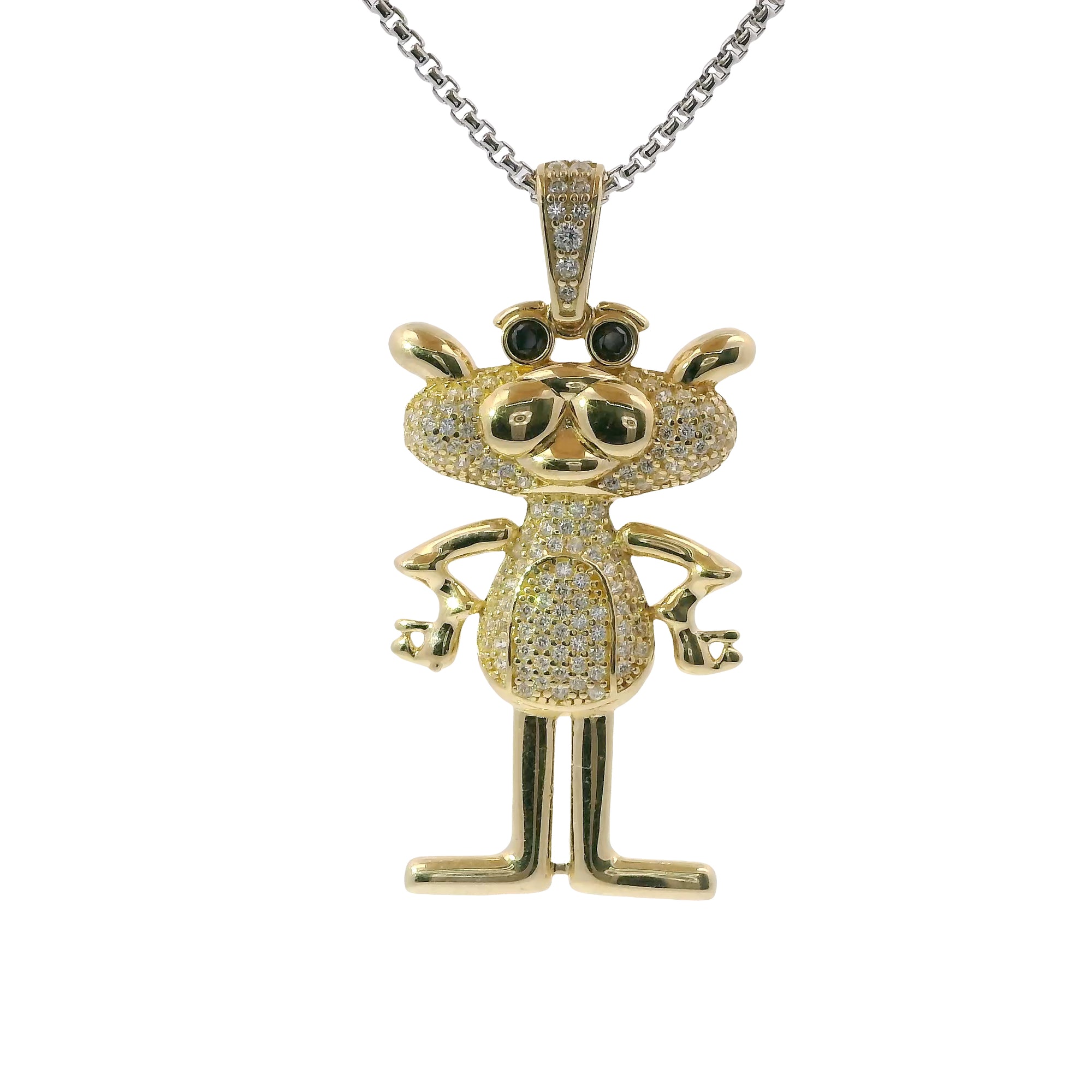 14KT Gold Charm White CZ Stones Pink Panther with Black CZ Eyes and White CZ Stones Bell