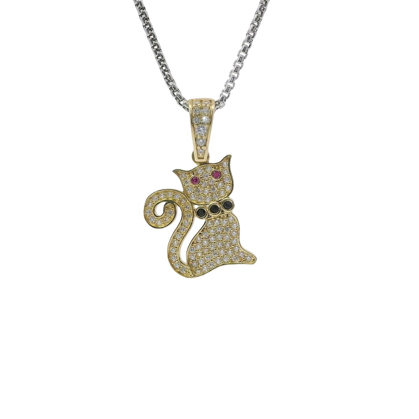 14KT Gold Charm White CZ Stones Cat with Pink CZ Eyes, Black Collar, and White CZ Stones Bell