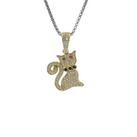 14KT Gold Charm White CZ Stones Cat with Pink CZ Eyes, Black Collar, and White CZ Stones Bell