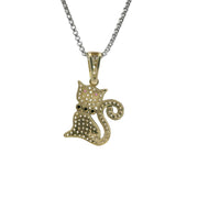 14KT Gold Charm White CZ Stones Cat with Pink CZ Eyes, Black Collar, and White CZ Stones Bell