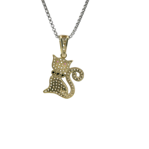 14KT Gold Charm White CZ Stones Cat with Pink CZ Eyes, Black Collar, and White CZ Stones Bell