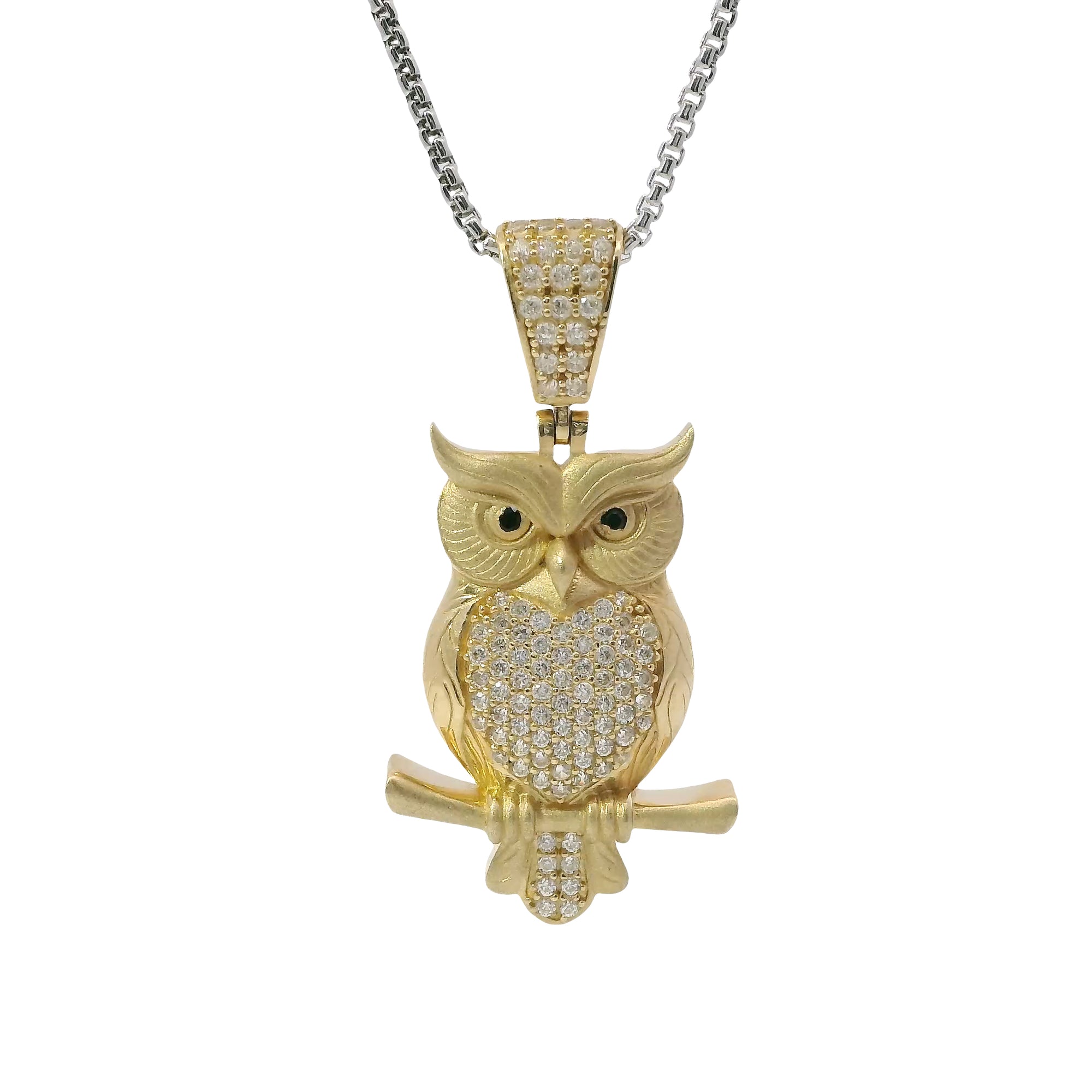 14KT Gold Charm Medium 3D Owl Flat Back with Black Eyes and White CZ Stone Body and Bell