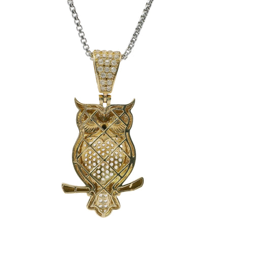 14KT Gold Charm Medium 3D Owl Flat Back with Black Eyes and White CZ Stone Body and Bell
