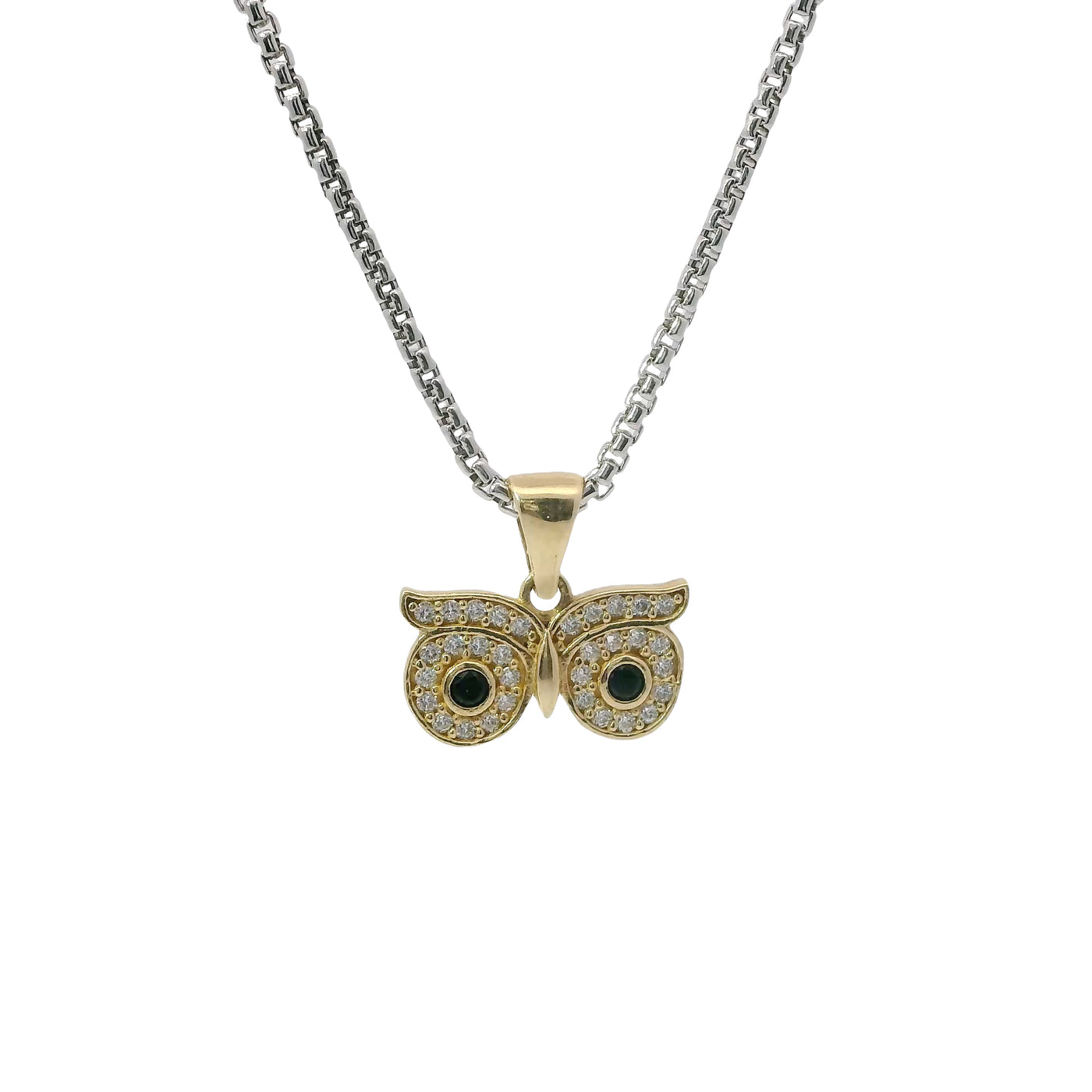 14KT Gold Charm Medium White CZ Stone Owl Eyes Outline with Black CZ Stone Eyes and Plain Bell