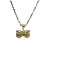 14KT Gold Charm Medium White CZ Stone Owl Eyes Outline with Black CZ Stone Eyes and Plain Bell
