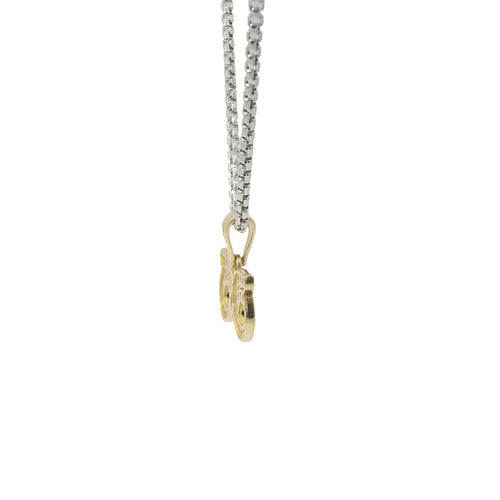 14KT Gold Charm Medium White CZ Stone Owl Eyes Outline with Black CZ Stone Eyes and Plain Bell