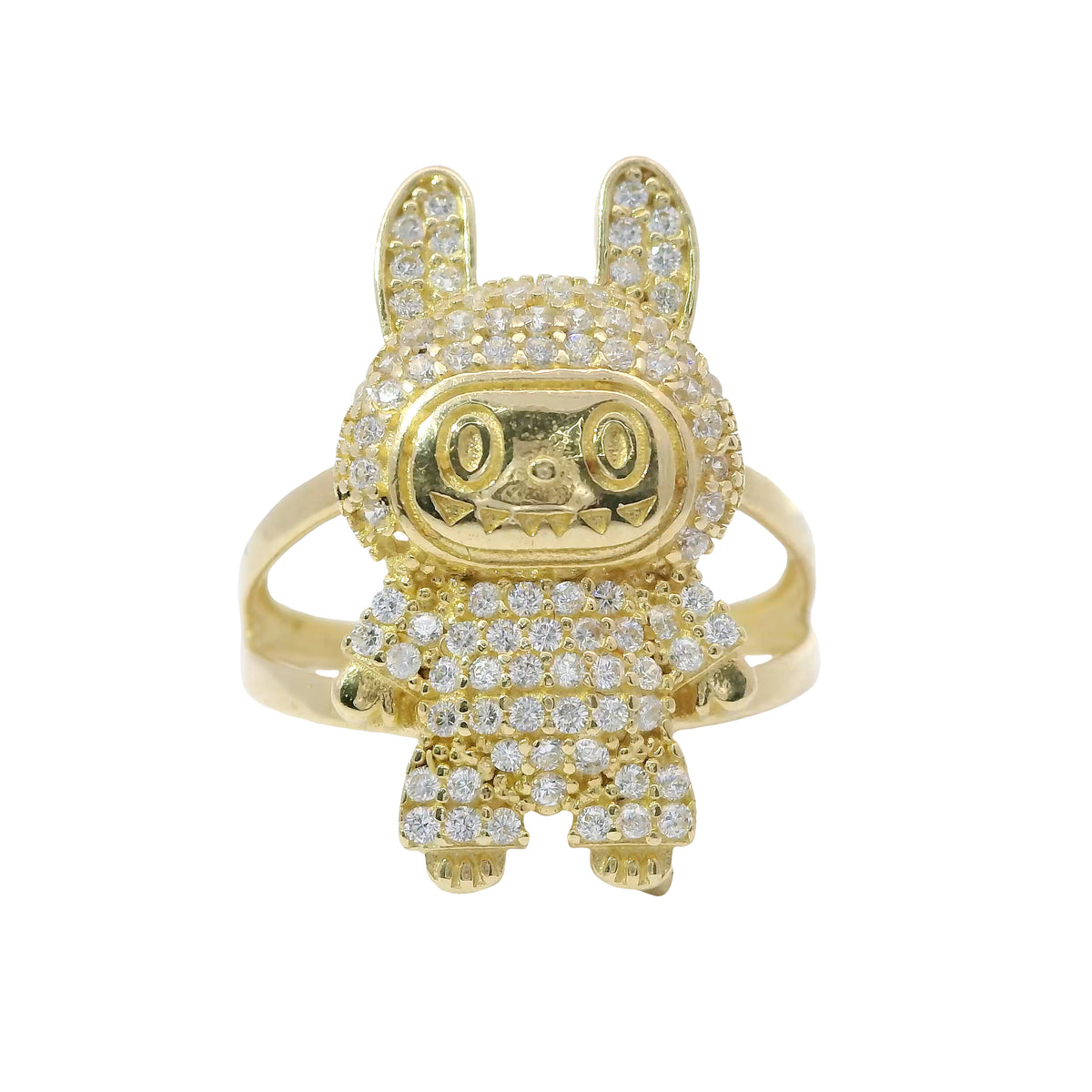 14KT Gold Ring Women's 3D Jumbo Labubu with White CZ Stones Body and Plain Split Band
