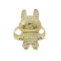 14KT Gold Ring Women's 3D Jumbo Labubu with White CZ Stones Body and Plain Split Band