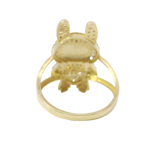 14KT Gold Ring Women's 3D Jumbo Labubu with White CZ Stones Body and Plain Split Band