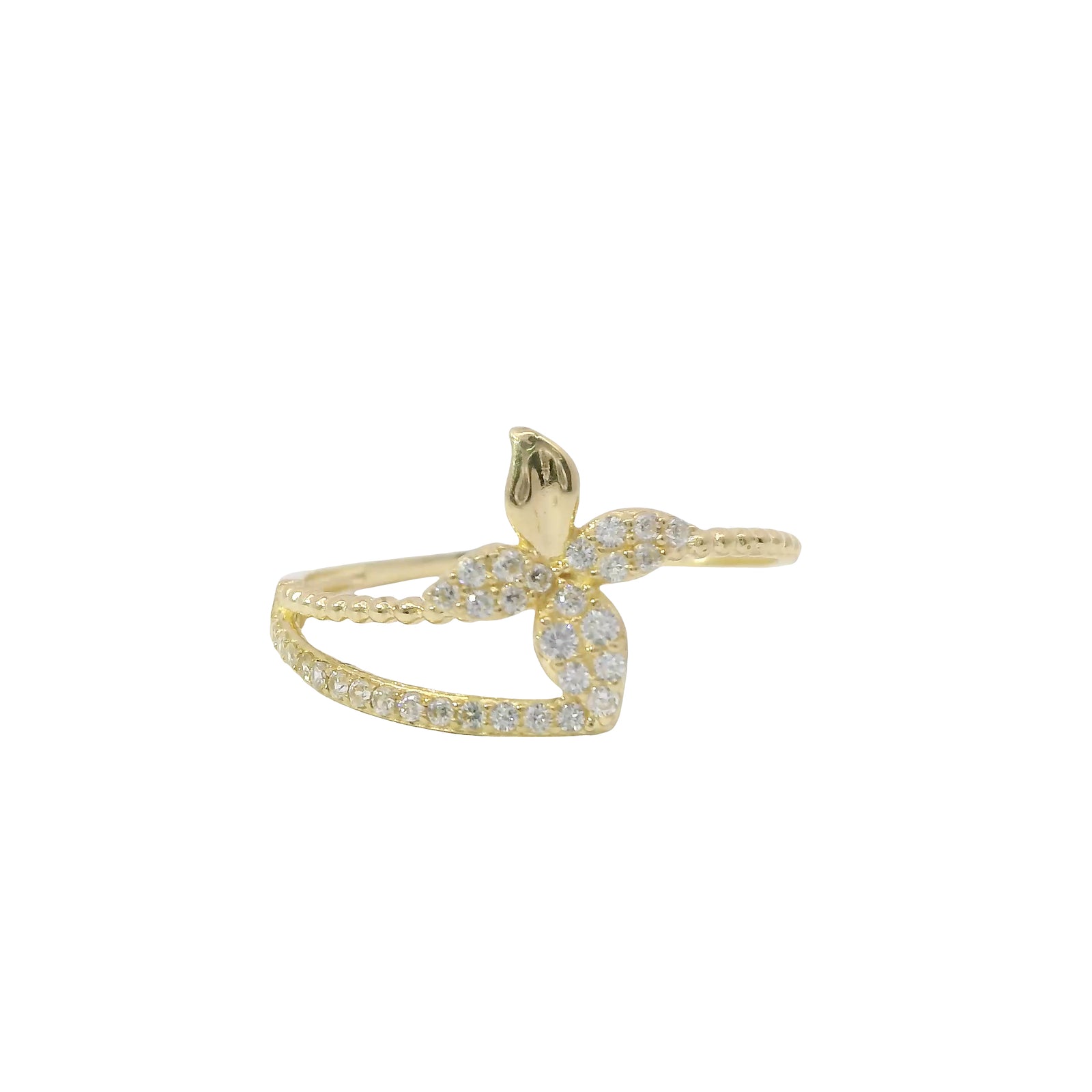 14KT Gold Ring Women's Light Weight Four Petal Flower Center with Three White CZ Stones Petals and White CZ Stones Bypass Band