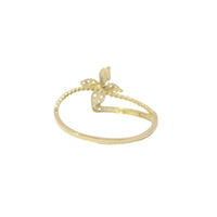 14KT Gold Ring Women's Light Weight Four Petal Flower Center with Three White CZ Stones Petals and White CZ Stones Bypass Band
