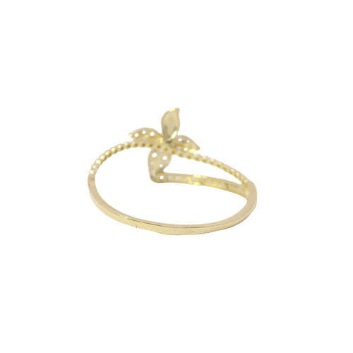 14KT Gold Ring Women's Light Weight Four Petal Flower Center with Three White CZ Stones Petals and White CZ Stones Bypass Band