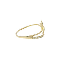 14KT Gold Ring Women's Light Weight Four Petal Flower Center with Three White CZ Stones Petals and White CZ Stones Bypass Band
