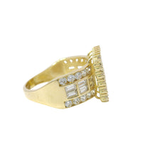 14KT Gold Ring Women's Mini Square Four Prong Six Row White CZ Stones Cluster with Three Sections of Two CZ Baguettes with Single Row of Round White CZ Stones Border Band