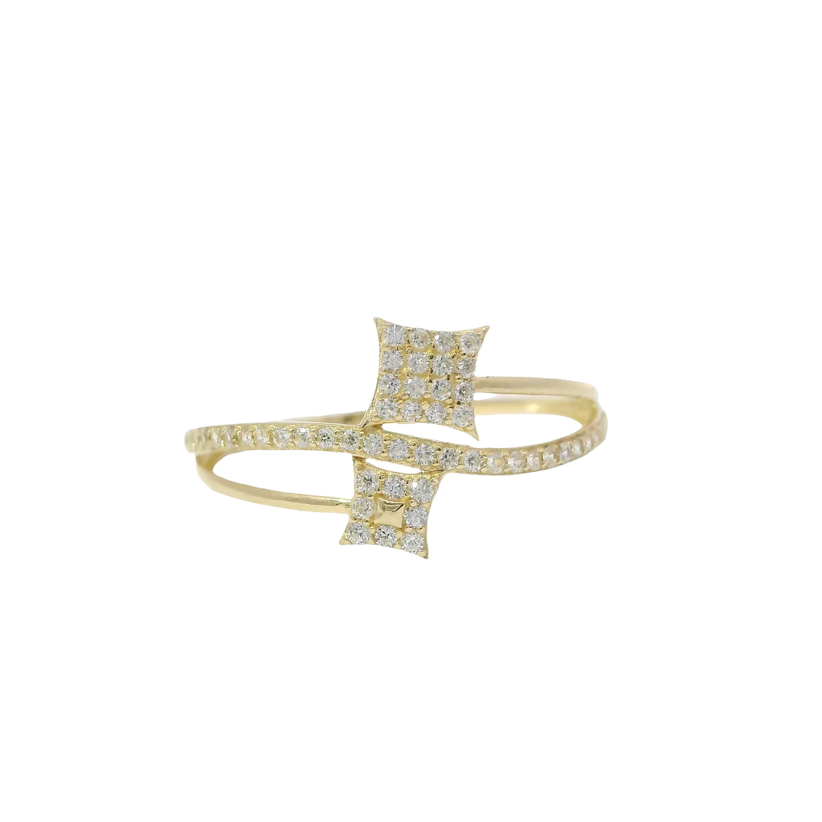 14KT Gold Ring Women's Light Weight White CZ Stones Center Band with Square Flower White CZ Stones Bypass Ends