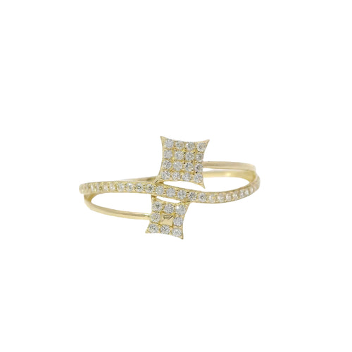 14KT Gold Ring Women's Light Weight White CZ Stones Center Band with Square Flower White CZ Stones Bypass Ends