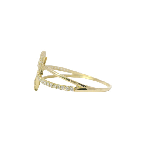 14KT Gold Ring Women's Light Weight White CZ Stones Center Band with Square Flower White CZ Stones Bypass Ends