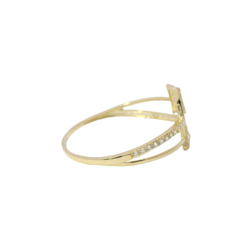 14KT Gold Ring Women's Light Weight White CZ Stones Center Band with Square Flower White CZ Stones Bypass Ends