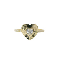14KT Gold Ring Women's Light Weight White CZ Heart Stone Center with Plain Sunray Heart Border and White CZ Stones Band