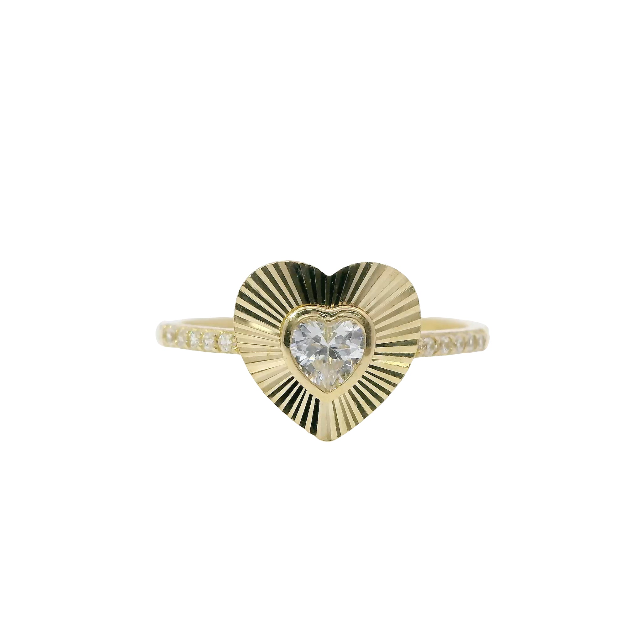 14KT Gold Ring Women's Light Weight White CZ Heart Stone Center with Plain Sunray Heart Border and White CZ Stones Band