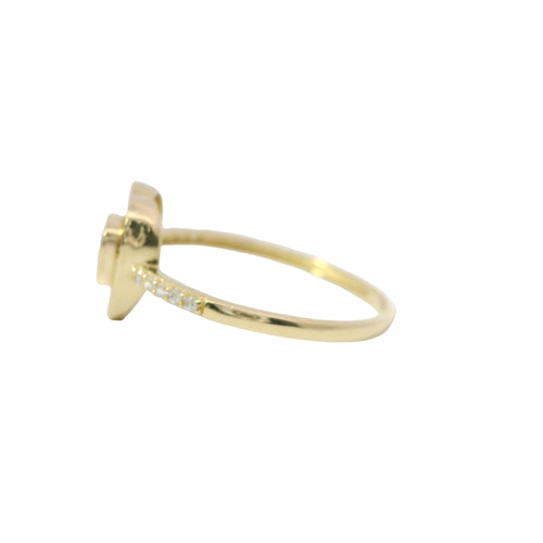 14KT Gold Ring Women's Light Weight White CZ Heart Stone Center with Plain Sunray Heart Border and White CZ Stones Band